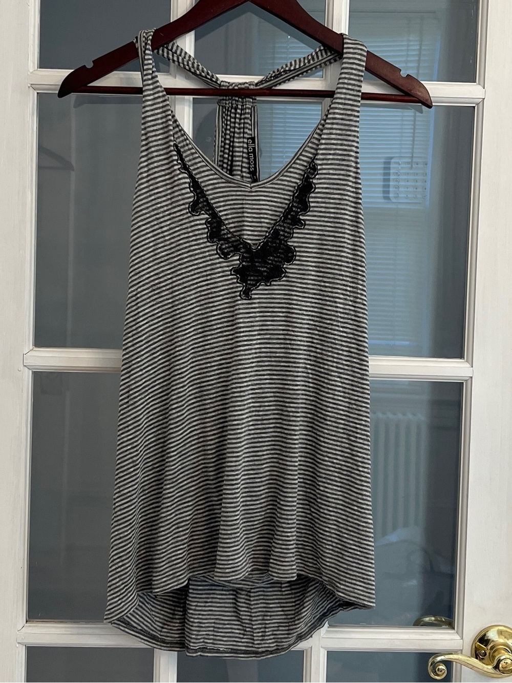 ELLA MOSS Women's Gray & White Striped Lace Detail Racerback Flowy Tank Top